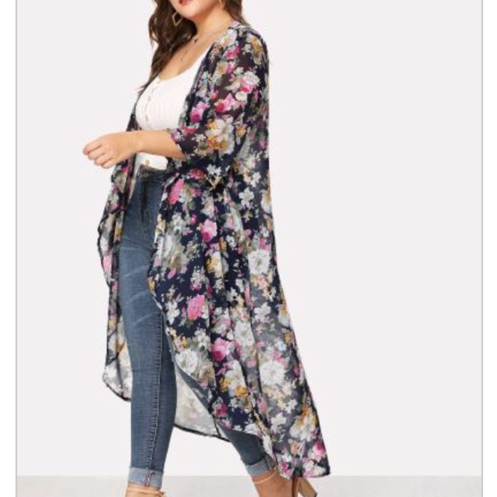 Floral Print Open Front Cardigan-Plus Size